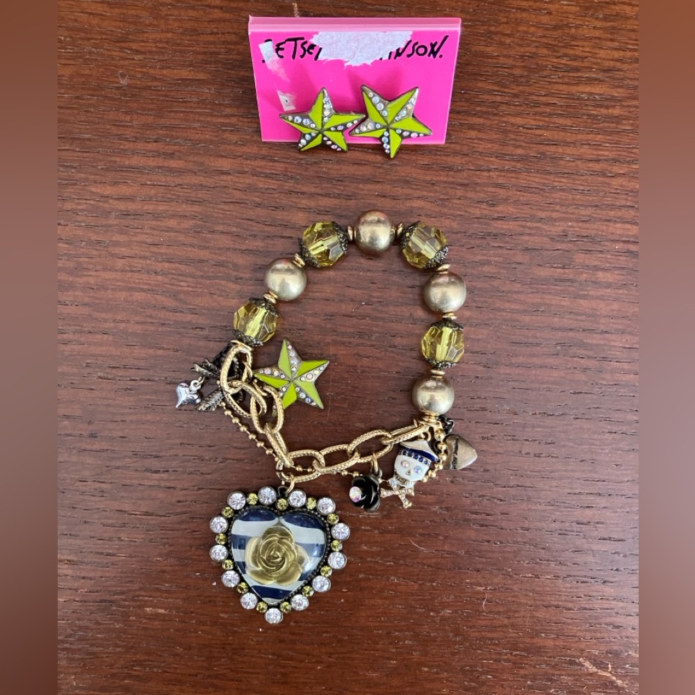 Betsey Johnson vintage green, glass, gold heart, striped bracelet and earrings